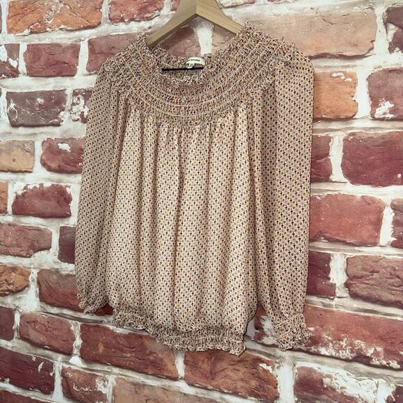 Max Studio Top Shirt Women's XS Multicolor Abstract Smocked Neck Ruffle Popover - Picture 3 of 8